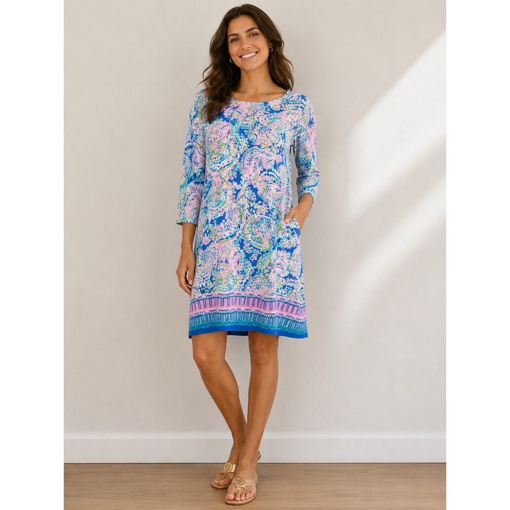 Lilly Pulitzer Hollee Dress Blue Pink Paisley Strappy Back 3/4‎ Sleeve Small